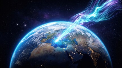 Fototapeta premium Planet Earth glows with vibrant blue light energy as a cosmic stream of stardust descends from deep space onto the dark surface.