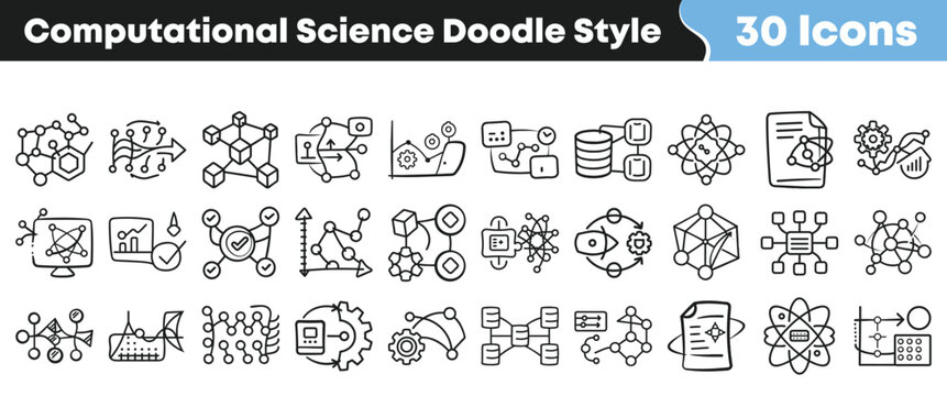 Set of 30 computational science doodle style icons