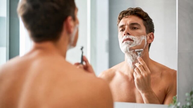 Young man shaving his beard.