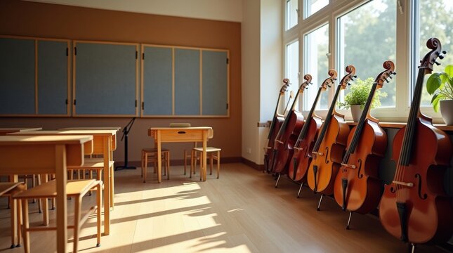 Aula de m&uacute;sica con instrumentos cuidadosamente organizados y sillas vac&iacute;as