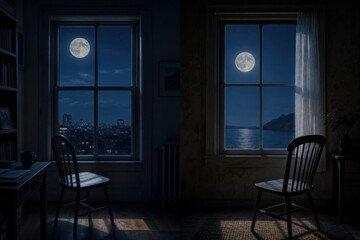 Fototapeta premium The same full moon glows through two separate windows in different rooms, showing how one shared sky connects distant hearts.