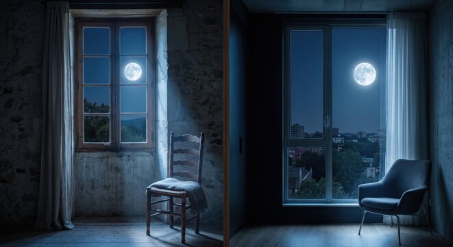 The same full moon glows through two separate windows in different rooms, showing how one shared sky connects distant hearts.