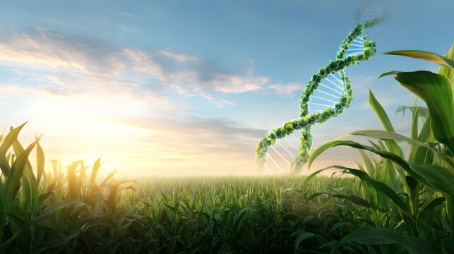 Concept of genetic engineering in agriculture. DNA double helix made of green leaves rising above a corn field at sunrise, symbolizing biotechnology and GMO crops.