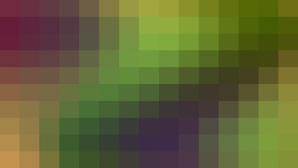 Obraz premium A modern abstract background showcasing a mosaic of large square pixels, creating a digital art effect with a smooth gradient transition of vibrant greens, deep purples, warm reds, and bright oranges,