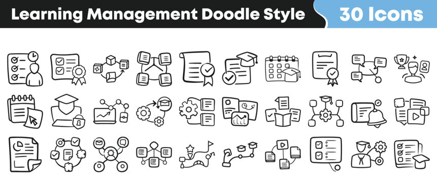 Set of 30 learning management system doodle style line icons