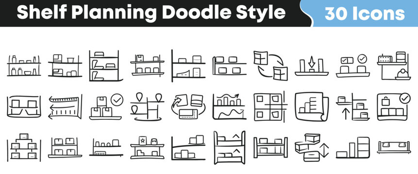 Set of 30 handdrawn shelf planning and retail management icons