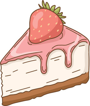 Creamy strawberry cheesecake slice topped with fresh fruit, created for bakery menus, dessert branding, and caf&eacute;-themed illustrations.
