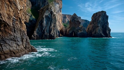 Fototapeta premium Rugged Rocky Sea Cliffs Rising from Turquoise Ocean Waters.