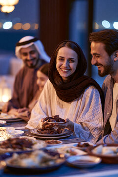 Muslim woman holding date fruit at dinner table with family. People gathering for iftar meal during Ramadan. Happy smiling relatives enjoying traditional food at night celebration.