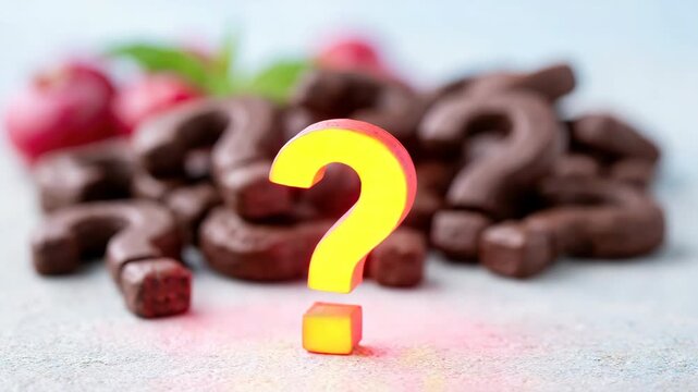 Tracking shot dolly zoom of red question mark standing on tabletop with chocolate question mark candies and cherries in soft studio background