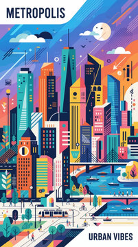 A vibrant, colorful, and stylized illustration of a modern metropolis with tall buildings, a river, boats, and urban transport under a bright sky.