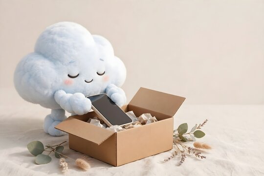Cute cloud character putting smartphone into box for digital detox and mental health, anxiety relief from social media concept with copy space background.