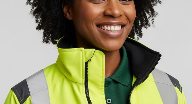 Close-up of a smiling woman wearing a high-visibility neon yellow jacket with reflective stripes