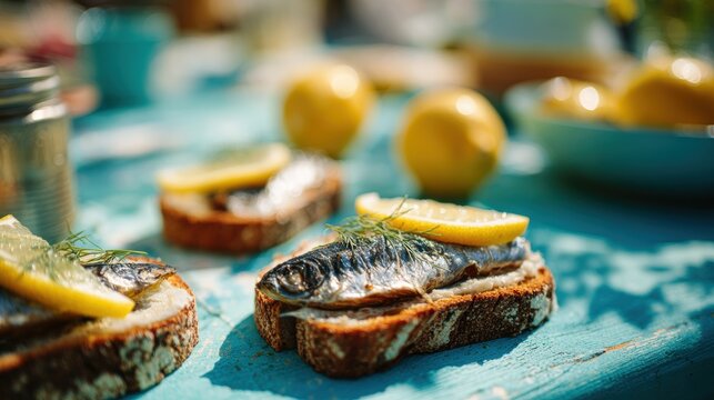 Sardine on toasted bread with lemon slice and fresh dill. Appetizer sandwich for gourmet meal. Mediterranean healthy food concept, traditional seafood snack on rustic blue wooden table.