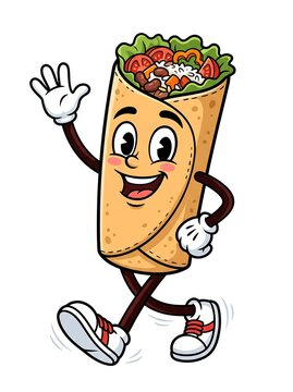 A cheerful, cartoon burrito character happily waving its hand while walking, filled with lettuce, tomatoes, rice, and beans.