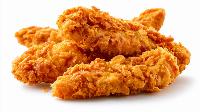 Crispy breaded chicken tenders isolated on white background