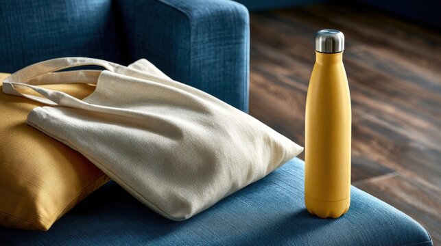 Tote bag and water bottle on a sofa. Eco lifestyle concept.