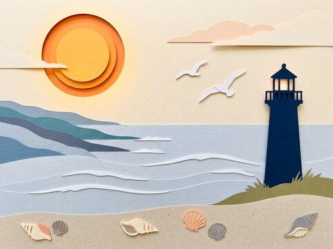 Paper cut style illustration of lighthouse on beach with sun and sea