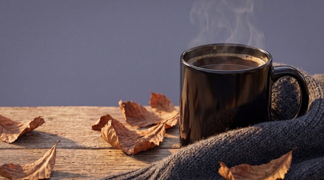 Steaming hot black coffee in ceramic mug wrapped in grey knitted scarf with dry autumn leaves on rustic wooden table
