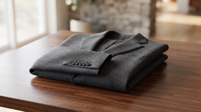 Blank Folded Premium Formal Suit Blazer Mockup on Luxury Wooden Table for Corporate Fashion Branding Tailored Clothing Merchandise and Apparel Presentation