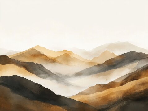 Dreamy earthy landscape with mocha hues, rolling hills, misty valleys, and a peaceful atmospheric beauty