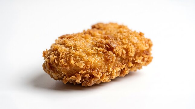 Crispy golden-brown fried chicken nugget with a crunchy bread crumb coating isolated on a clean white background.