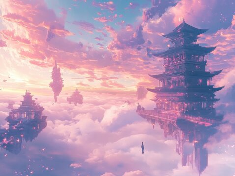 Ethereal anime fantasy realm featuring suspended temples, impossible landscapes, and glowing atmospheric light in a dreamlike world