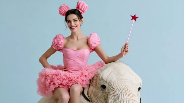 Tracking shot of woman in pink tutu costume holding star wand while sitting on white elephant prop against pale blue studio backdrop
