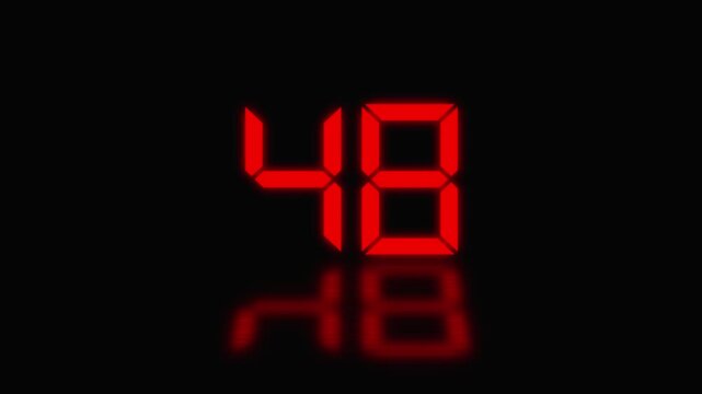 Sports shot clock countdown from 53 to 0. Red digital countdown timer display with reflection on black background, clock