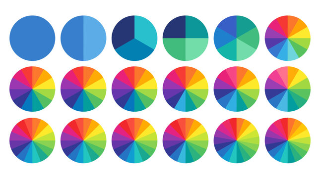 Set of colorful circular diagrams showing gradient color wheel transitions and segmented pie chart icons for infographics and data visualization