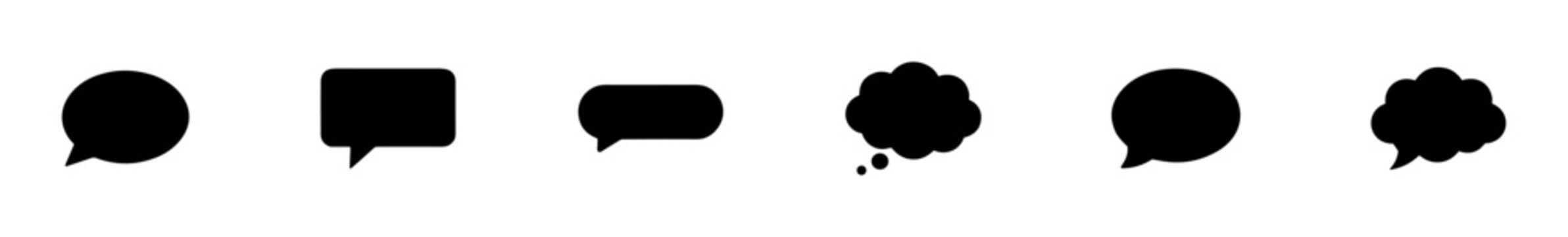 Set of six black speech and thought bubble icons in different shapes isolated on white background