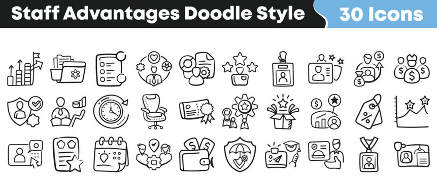 Staff advantages doodle style icons set