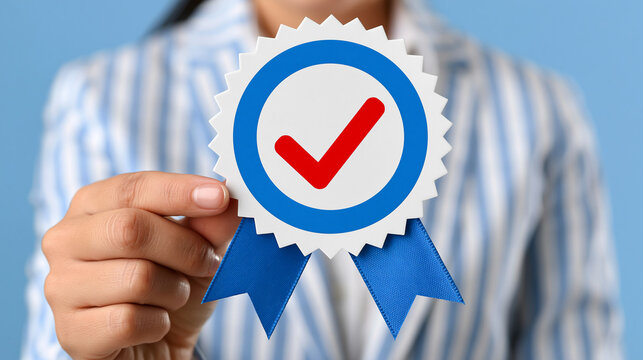 Digital quality assurance certification concept with a verified badge and business compliance icons, with copy space