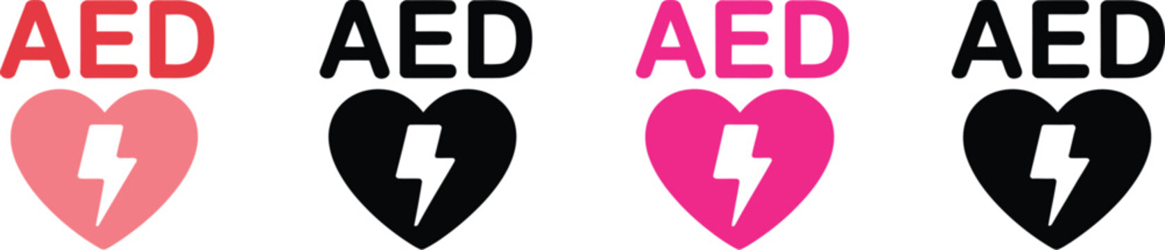 AED Defibrillator Icon, with automated external defibrillator signs, cardiac emergency equipment, medical safety symbols and editable vector graphics