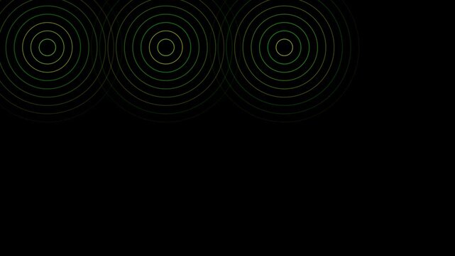 Abstract digital animation of green concentric rings glowing on a dark black background.