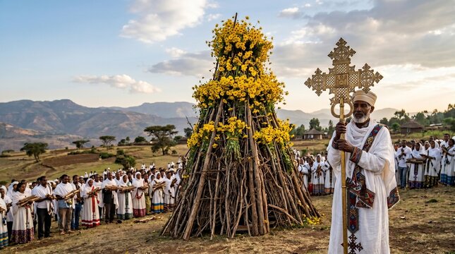 Ethiopian Meskel celebration with priest and yellow flower