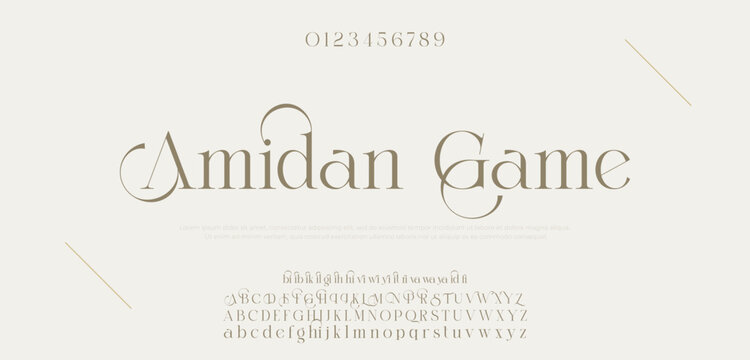 Amidan Game Luxury wedding alphabet letters font with tails. Typography elegant classic serif fonts and number decorative vintage retro concept for logo branding. vector illustration