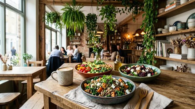 Healthy Cafe Vibes: Delicious and vibrant salads served at a rustic wooden table in a cozy, plant-filled cafe, perfect for a healthy meal or a casual meet-up.