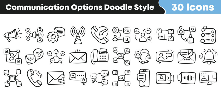 Communication options doodle style icons set