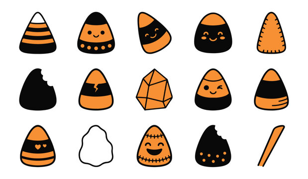 Set of cute hand drawn halloween candy corn illustrations with various expressions and patterns isolated on white