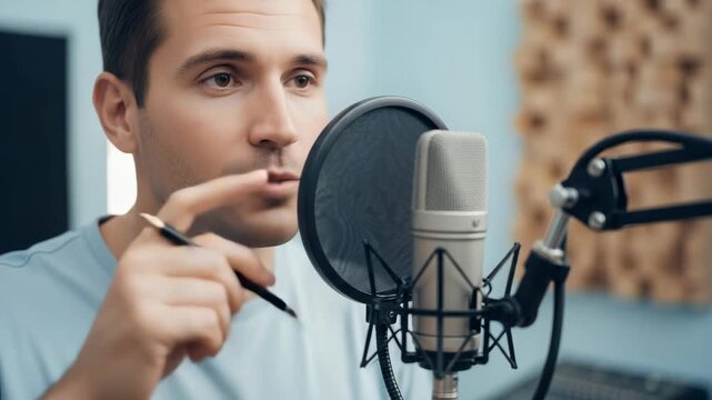 Recording Artist at Work: A focused man holding a pen, speaking into a professional microphone with a pop filter, in a sound recording studio, emphasizing dedication to his craft.
