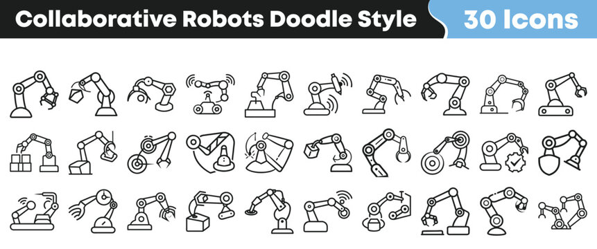 Set of 30 collaborative robot arm icons in doodle style