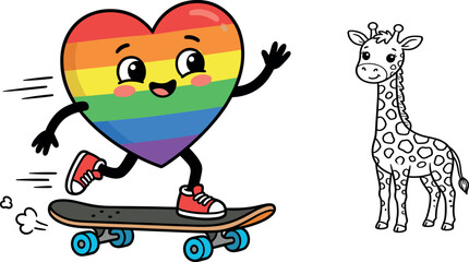 Cute rainbow pride heart character riding a skateboard next to a black and white cartoon giraffe vector illustration set for kids coloring book design