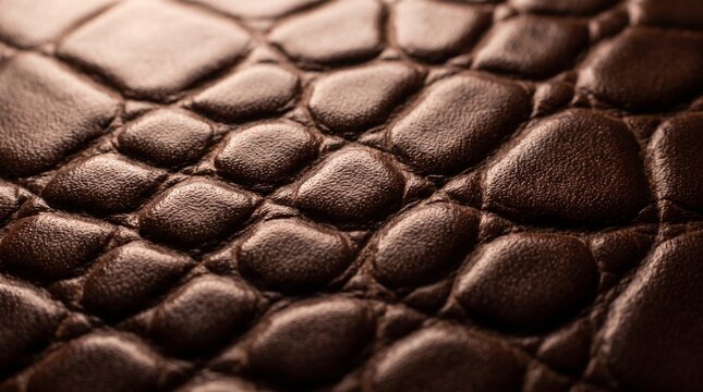 Detailed close-up of dark brown textured leather with a reptilian or quilted pattern.