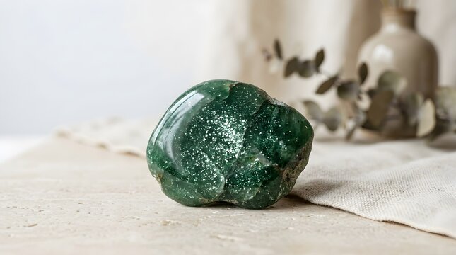 Green malachite jade stone chunk with natural botanical accent