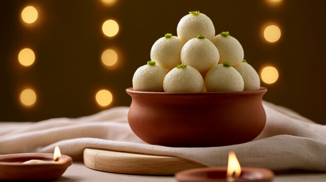 Traditional indian rasgulla sweets served in a clay bowl for diwali