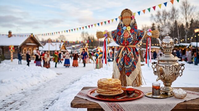 Maslenitsa festival doll with pancakes and samovar on snowy table