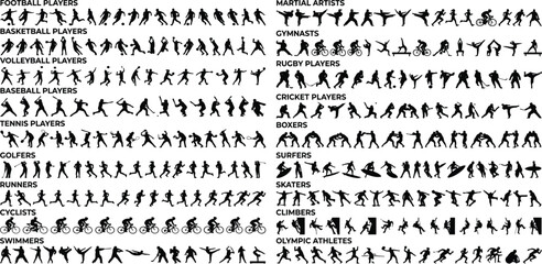 Fototapeta premium Silhouettes Of Various Sports Athletes Black And White Illustration