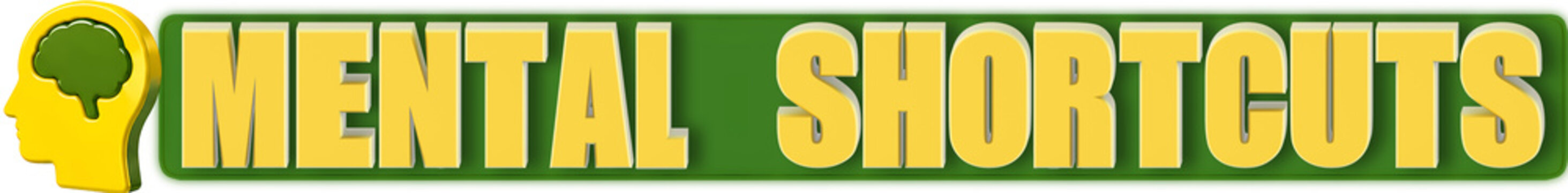 Mental Shortcuts 3d Lettering and Head Brain, isolated on green curved rectangular background- 3d rendering