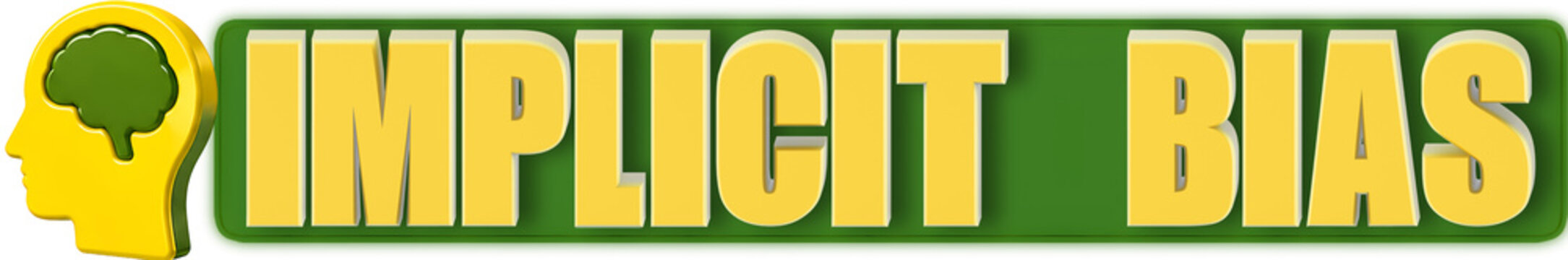 Implicit Bias 3d Lettering and Head Brain, isolated on green curved rectangular background- 3d rendering